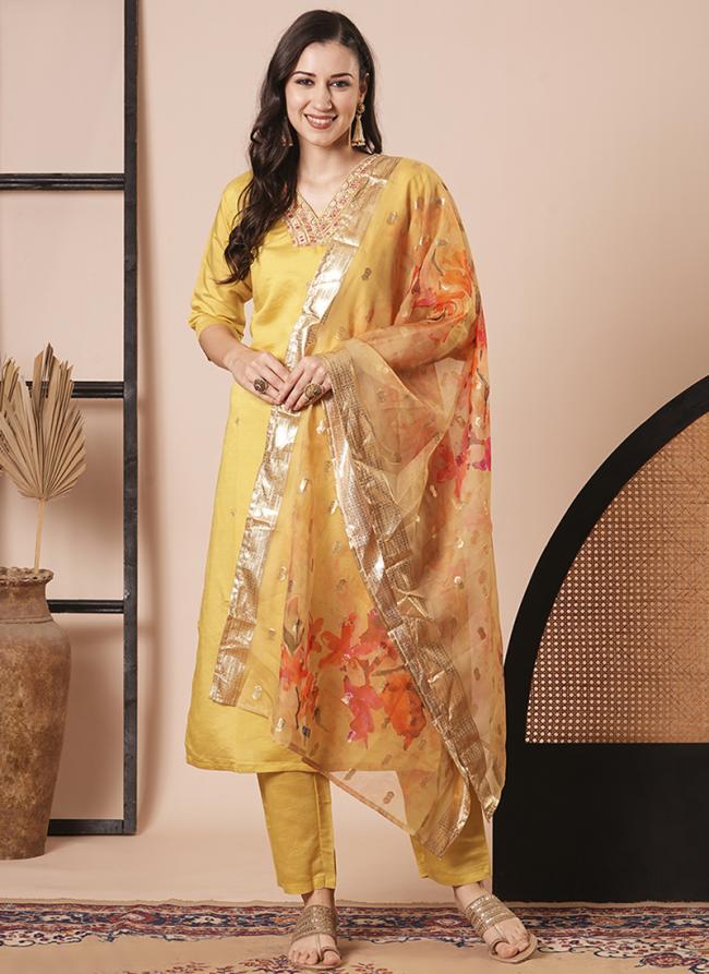 Pv Chanderi Yellow Festival Wear Printed Readymade Kurti Set